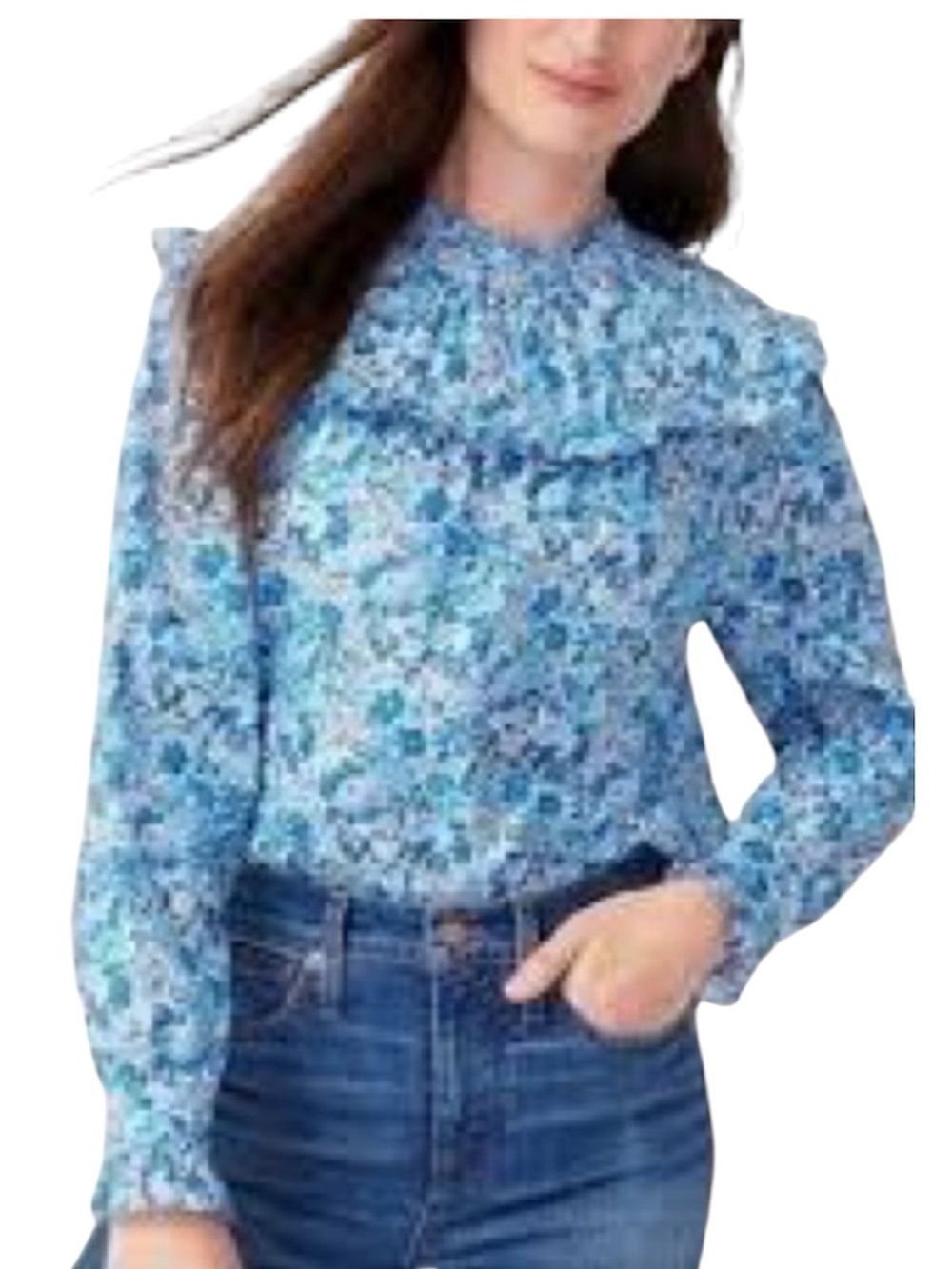 NWT J Crew Liberty Elysian Day Blue Floral Smocked Ruffle LS Popover Blouse S